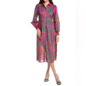Flora Bea NYC Tinsley Pink Green Tropical Print Midi Shirtdress Size Medium